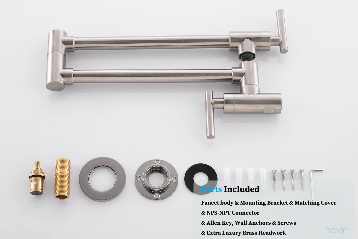 Havin Topffüller, Topffüller-Wasserhahn-Wandhalterung, Messingmaterial, mit Doppelgelenk-Schwenkarmen (Stil A gebürstetes Nickel A203, gebürstetes Nickel)