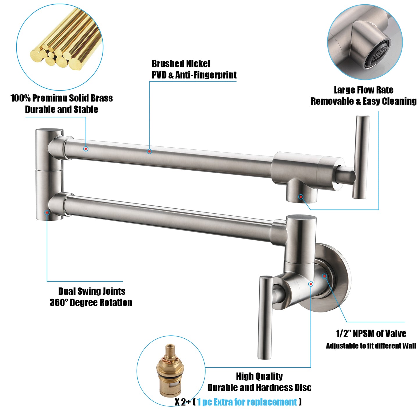 Havin Topffüller, Topffüller-Wasserhahn-Wandhalterung, Messingmaterial, mit Doppelgelenk-Schwenkarmen (Stil A gebürstetes Nickel A203, gebürstetes Nickel)