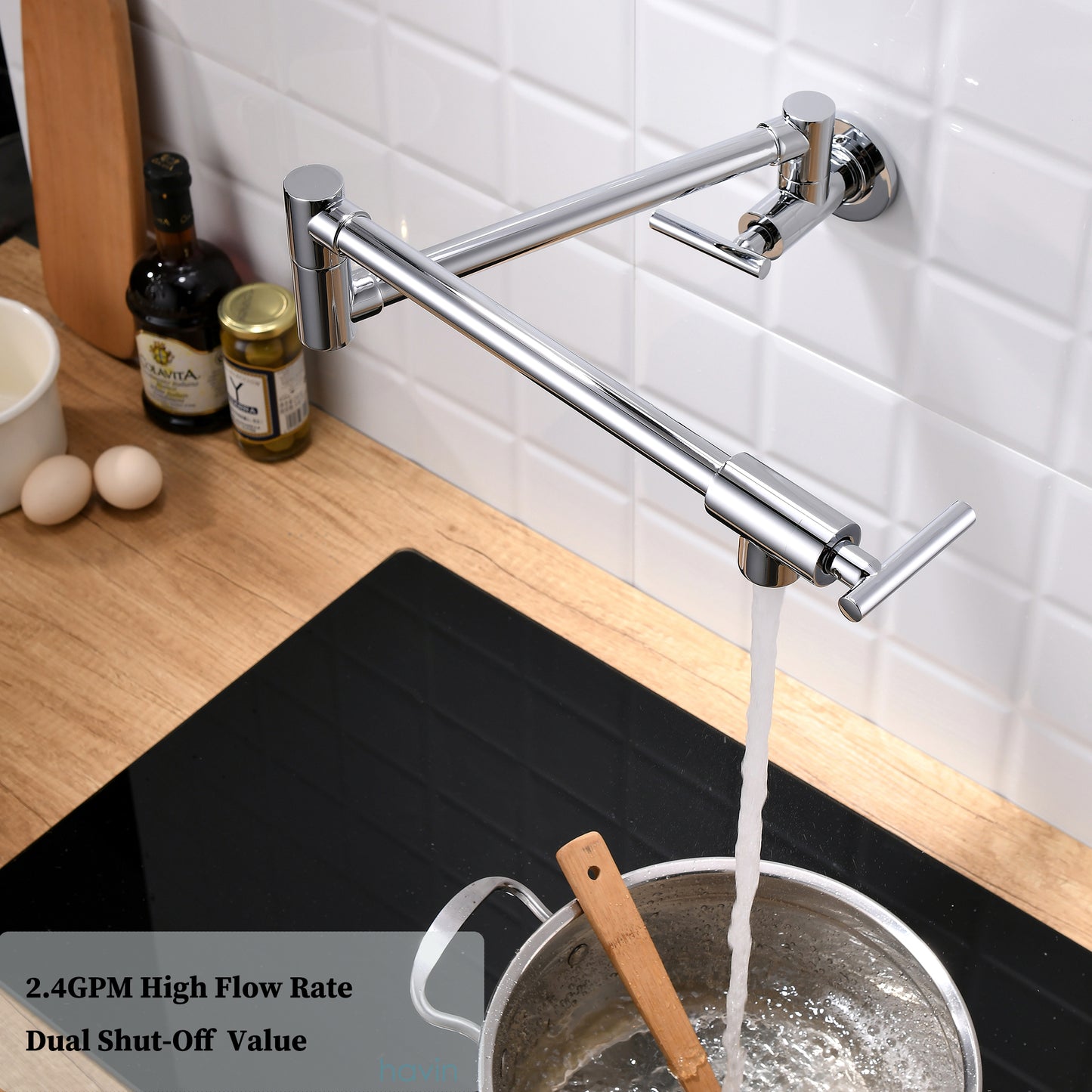 Havin Brass Pot Filler,Wall Mount Commercial Pot Filler Faucet,Brass Copper Material Kitchen Folding Faucet,Coffee Machine Faucet with Stretchable Double Joint Swing Arms,Style A,Chrome Plated