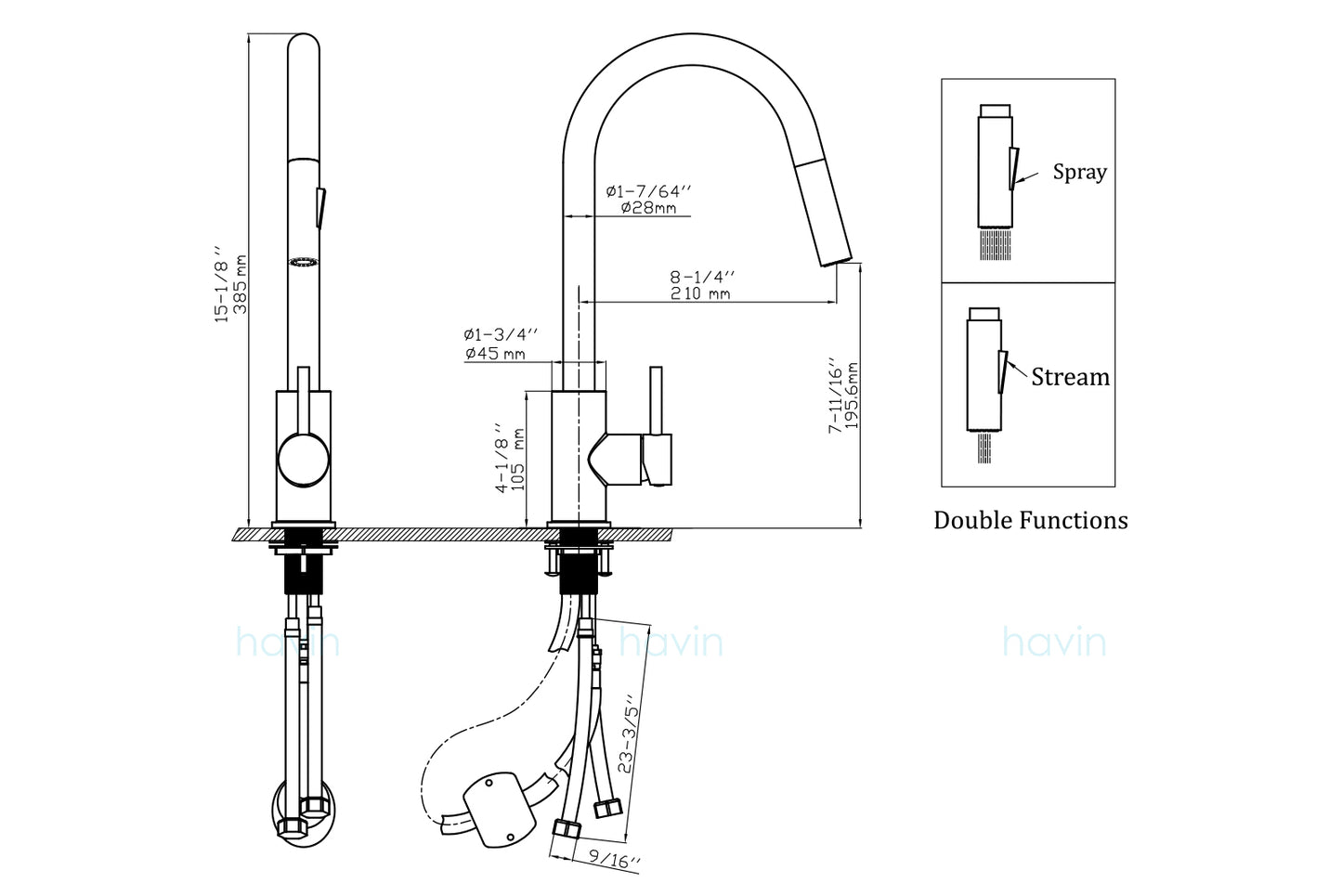Havin Brushed Nickel Kitchen Faucet with Pull Down Sprayer, High Arc Stainless Steel Material, with cUPC Ceramic Cartridge,Without Deck Plate,Fit for 1 or 3 Hole Kitchen Sink