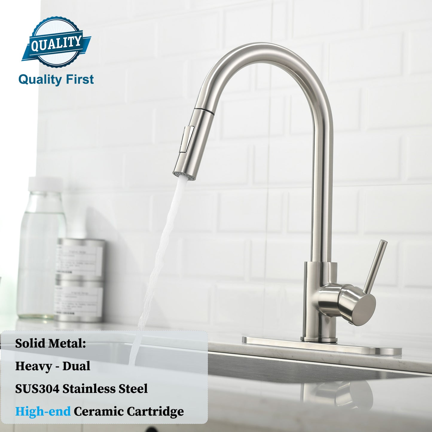 Havin Brushed Nickel Kitchen Faucet with Pull Down Sprayer, High Arc Stainless Steel Material, with cUPC Ceramic Cartridge,Without Deck Plate,Fit for 1 or 3 Hole Kitchen Sink
