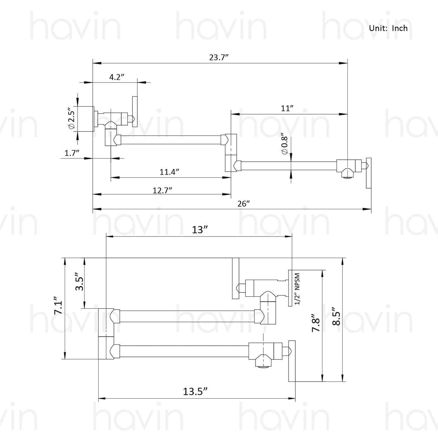 Havin A202 Pot filler faucet wall mount, upside down style (Brushed Nickel)