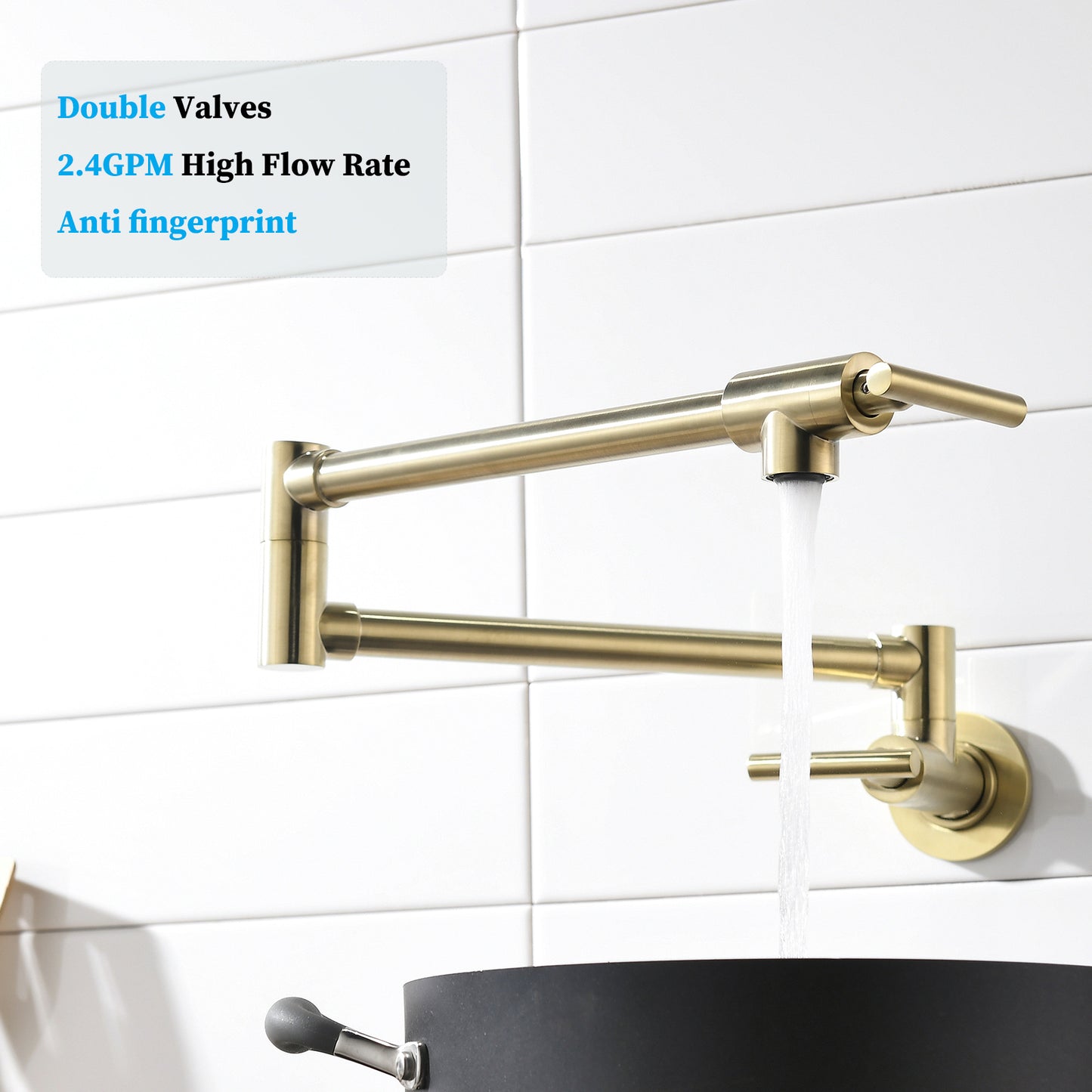 Havin Pot Filler Faucet Wall Mount,with Double Joint Swing Arms,Single Hole, 2 Handles with 2 cartridges to Control Water (Style A A206 Brushed Gold)