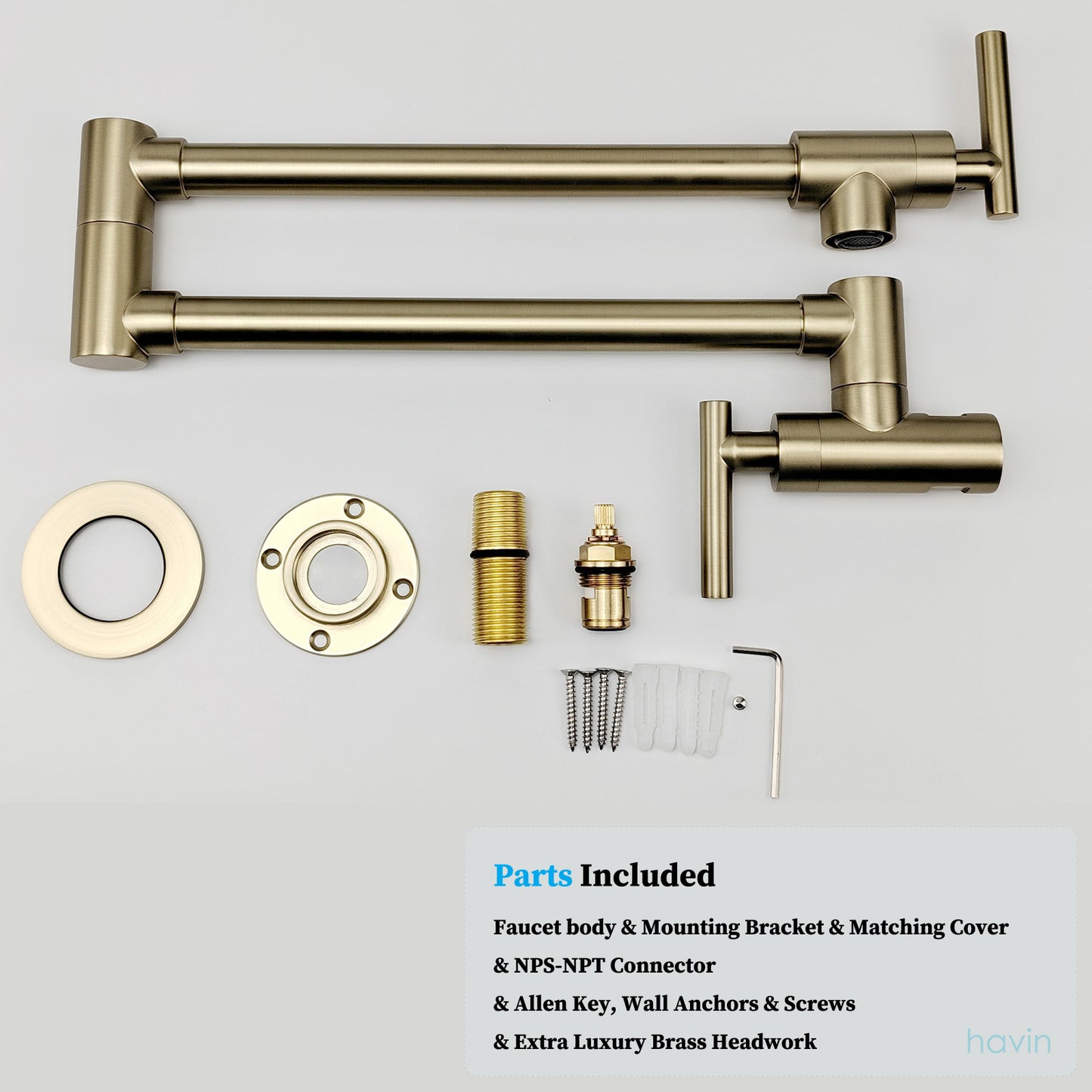 Havin Pot Filler Faucet Wall Mount,with Double Joint Swing Arms,Single Hole, 2 Handles with 2 cartridges to Control Water (Style A A206 Brushed Gold)