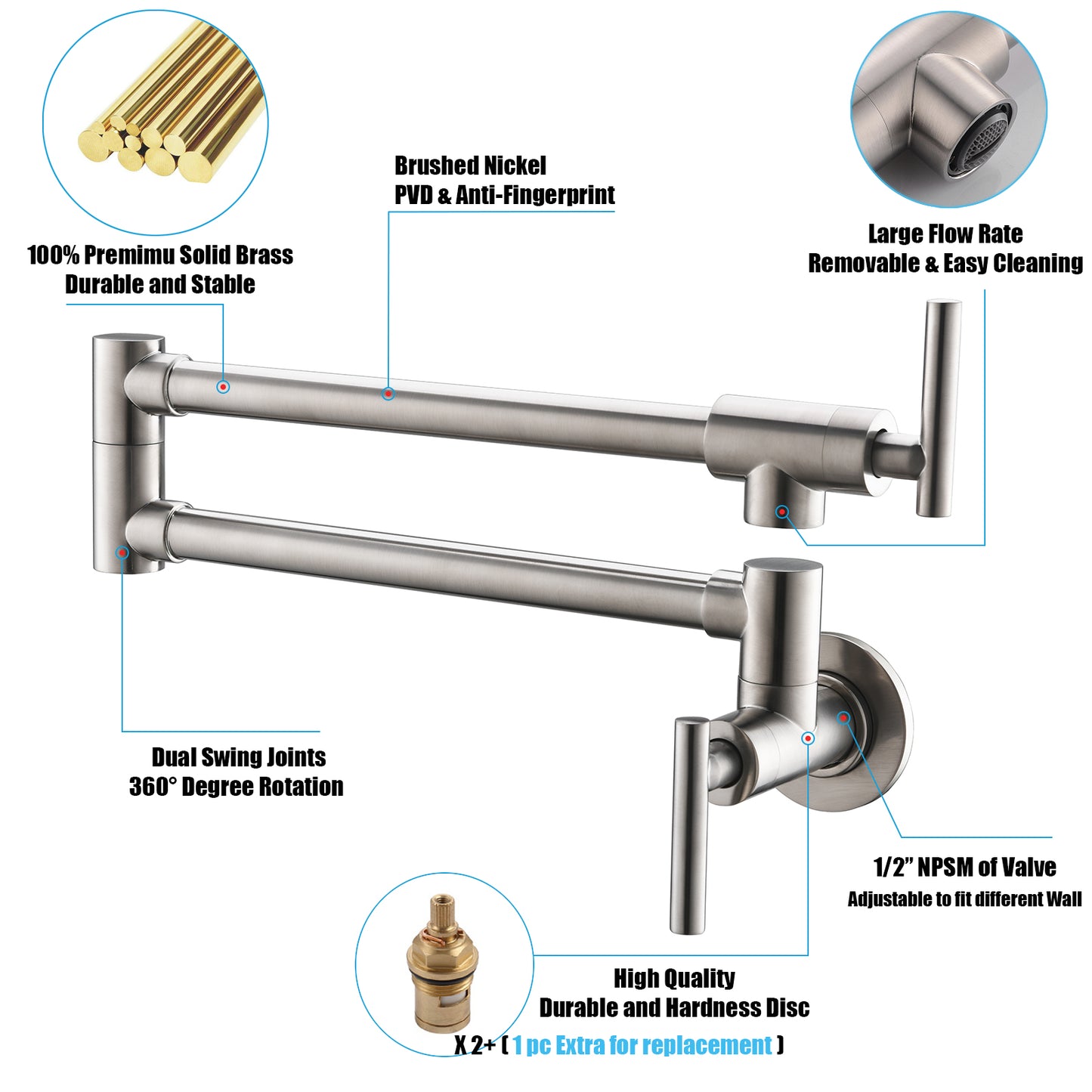 Havin Pot Filler,Pot Filler Faucet Wall Mount,Brass Material,with Double Joint Swing Arms (Style A Brushed Nickel A203, Brushed Nickel)