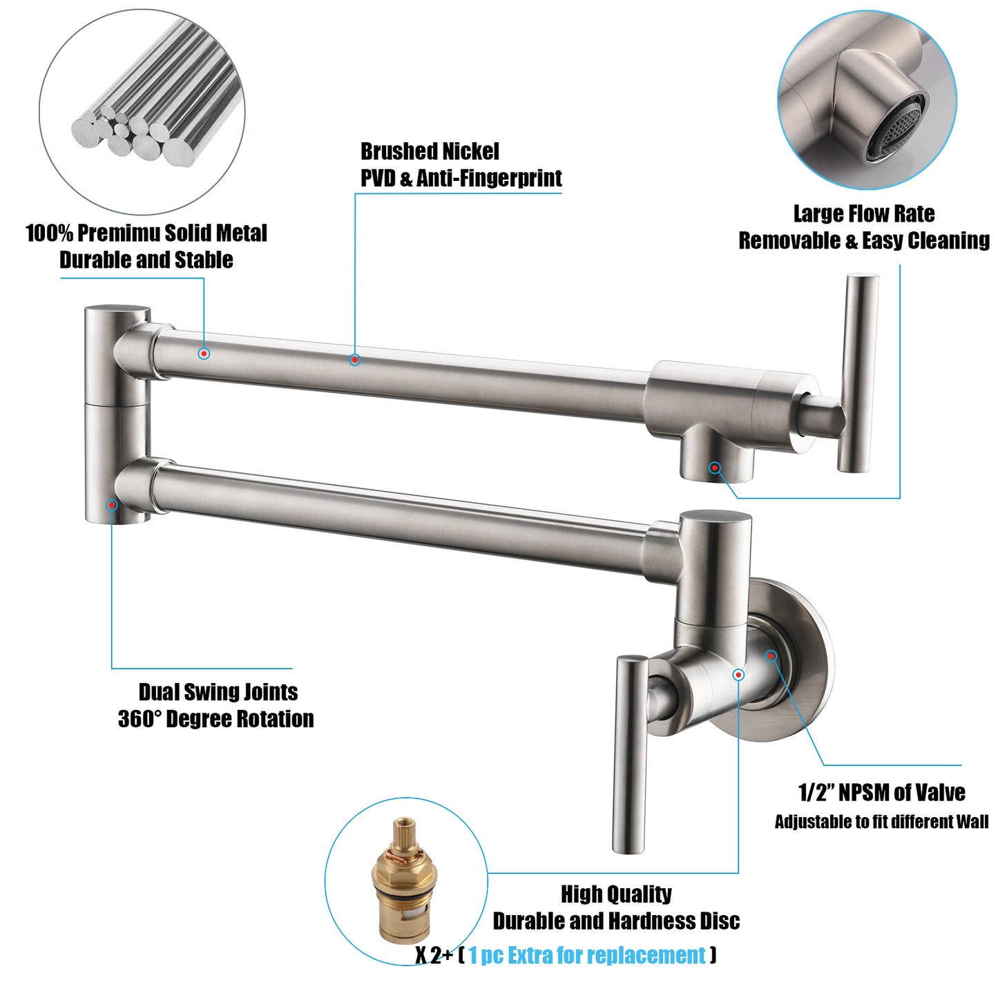 Havin Topffüller, Topffüller-Wasserhahn-Wandhalterung, Messingmaterial, mit Doppelgelenk-Schwenkarmen (Stil A gebürstetes Nickel A203, gebürstetes Nickel) 
