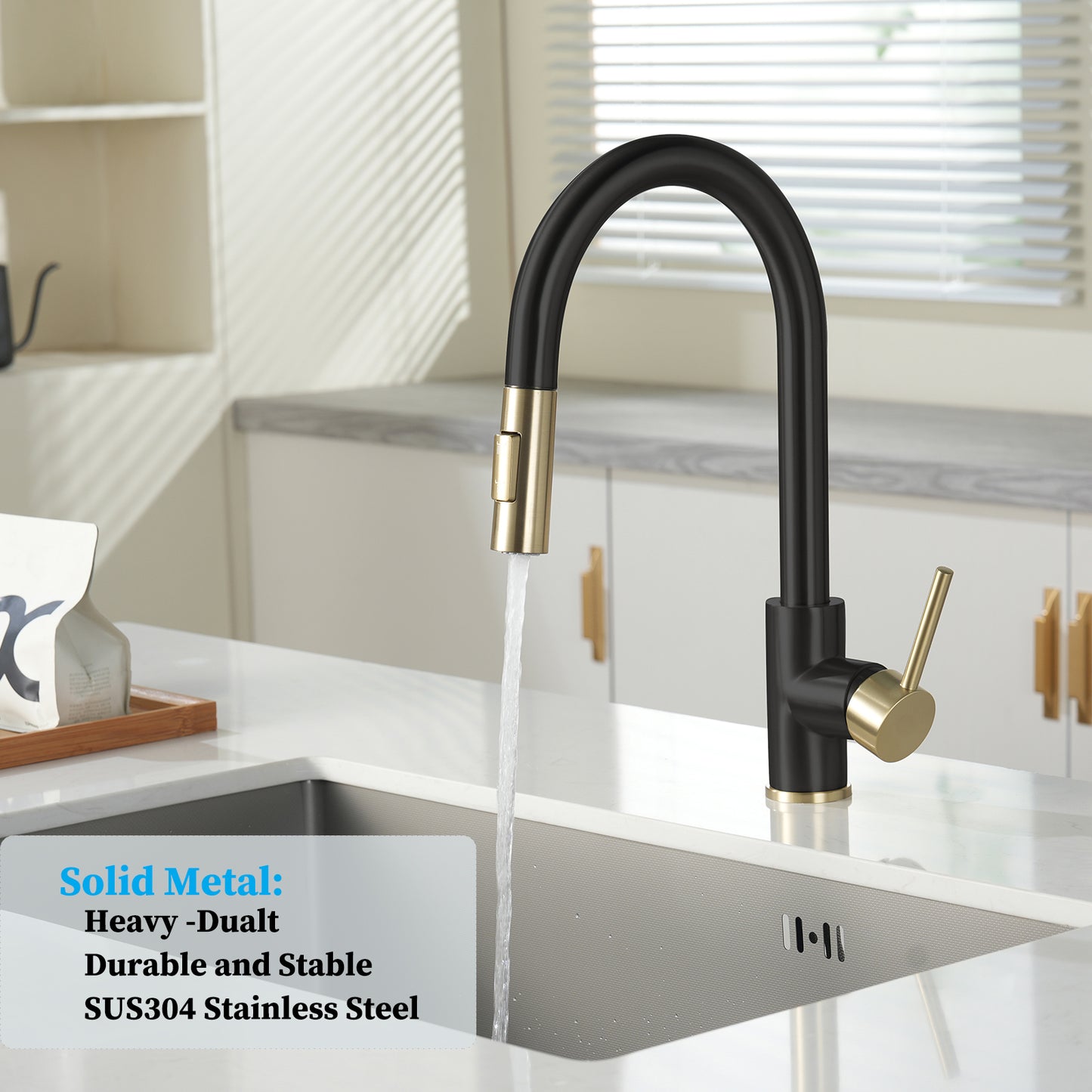 Havin Kitchen Faucet with Pull Down Sprayer, High Arc Stainless Steel Material, with cUPC Ceramic Cartridge,Without Deck Plate,Fit for 1 Hole Kitchen Sink or Laundry Sink, Gold and Black