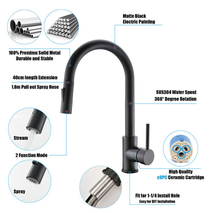 Havin Black Kitchen Faucet with Pull Down Sprayer, High Arc Stainless Steel Material, with cUPC Ceramic Cartridge,Without Deck Plate,Fit for 1 Kitchen Sink or Laundry Sink,Matte Black