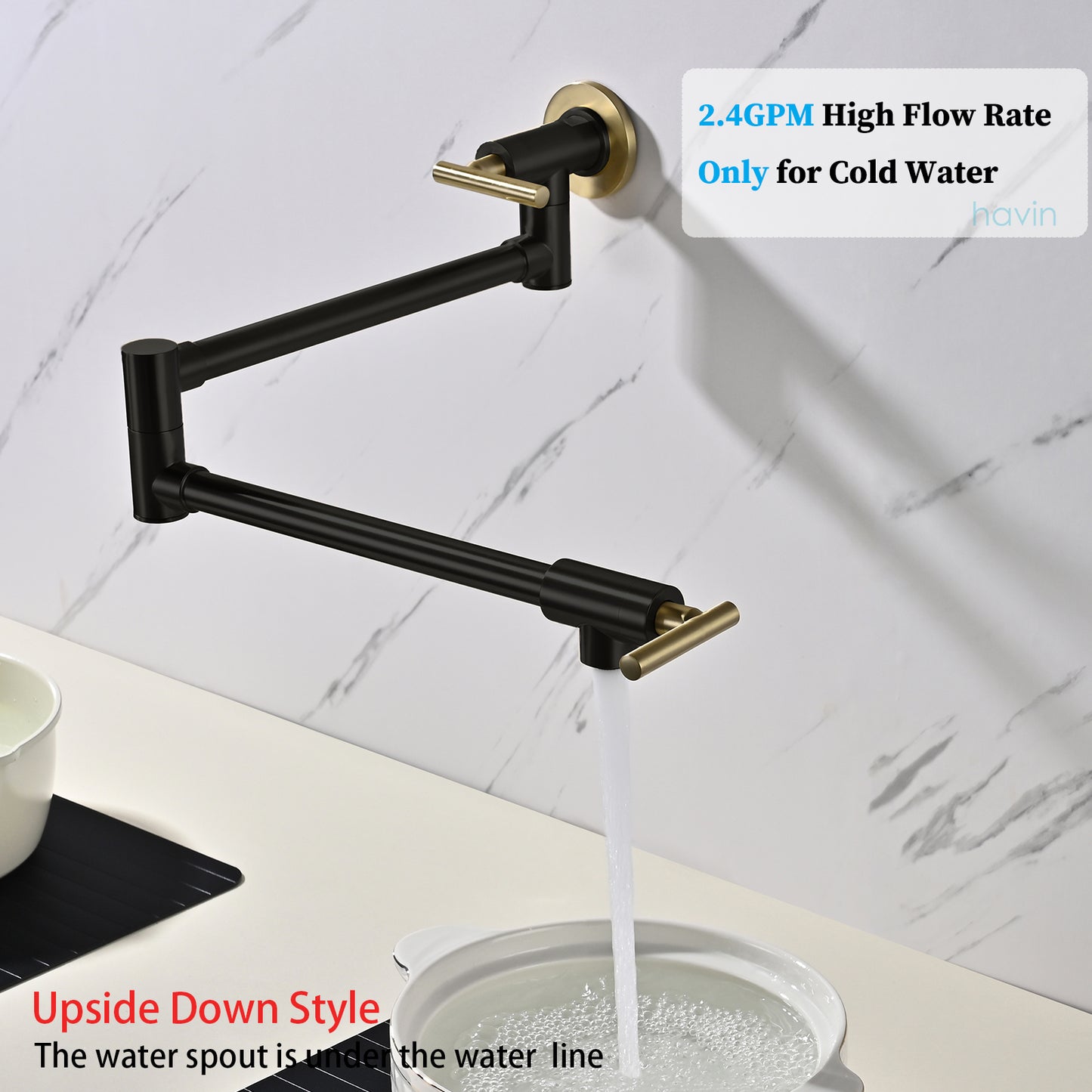 Havin A202 Pot filler faucet wall mount, Stainless Steel Material, Upside Down Style, Brushed Gold and Black (New Structure))