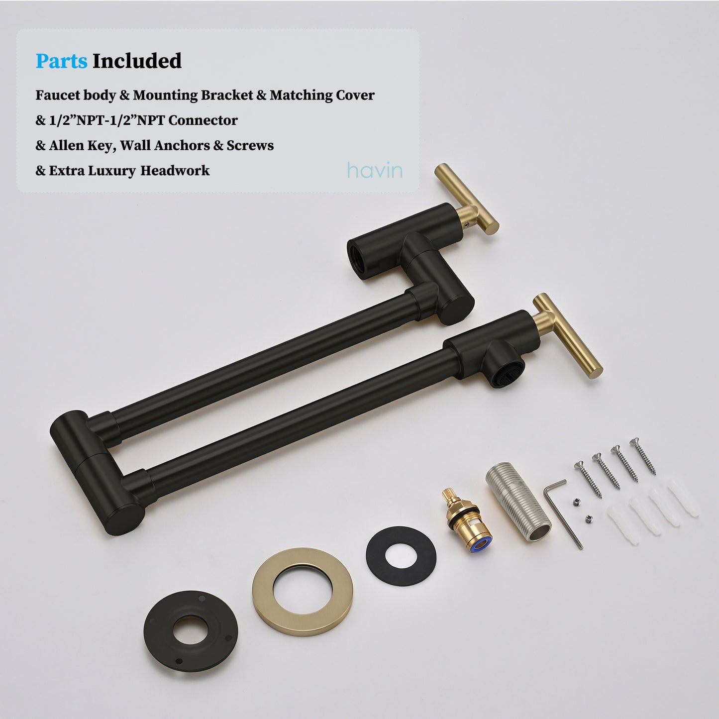 Havin A202 Pot filler faucet wall mount, Stainless Steel Material, Upside Down Style, Brushed Gold and Black (New Structure))