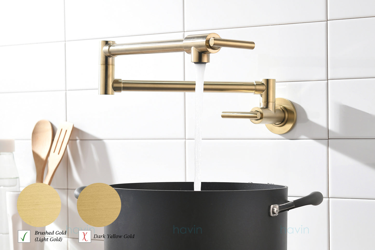 Havin Pot Filler Faucet Wall Mount,with Double Joint Swing Arms,Single Hole, 2 Handles with 2 cartridges to Control Water (Style A A206 Brushed Gold)